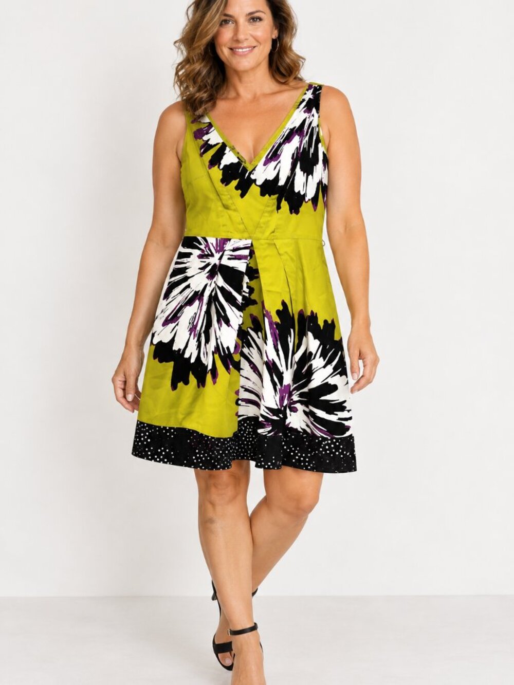 Nine West Womens Size 12 Floral V Neck Sleeveless Fit & Flare Dress Green Black